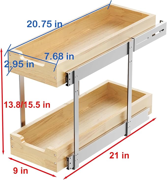 Sikarou Wood Pull Out Cabinet Organizer 2 Tie 9" W x 21" D, Heavy-Duty Sliding Drawers for Inside Cabinets Storage and Organization for Kitchen, Pantry, Bathroom