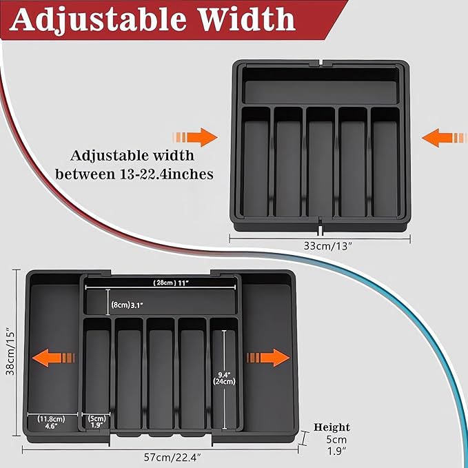 Iopsk Flatware Organizers - Kitchen Drawer Organizer for Utensils and Silverware Expandable Silverware Holder and Cutlery Tray Black Kitchen Decor and Accessories Large Storage Capacity