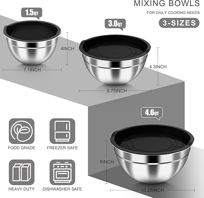 HaWare Mixing Bowls with Airtight Lids, 6-Piece Stainless Steel Salad Bowls, Strong Nesting Bowls for Cooking, Prepping, Baking, Serving & Food Storage, Stackable Design, Size 4.6, 3, 1.5QT, Black