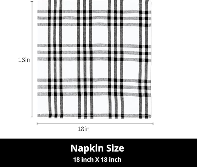 PurpleEssences Homestead Plaid Cloth Napkins - Mitered Corners - Spring Easter Summer - Check Dinner Napkin - Set of 12-100% Cotton - 18x18 Inch - Reusable Washable - Black and White