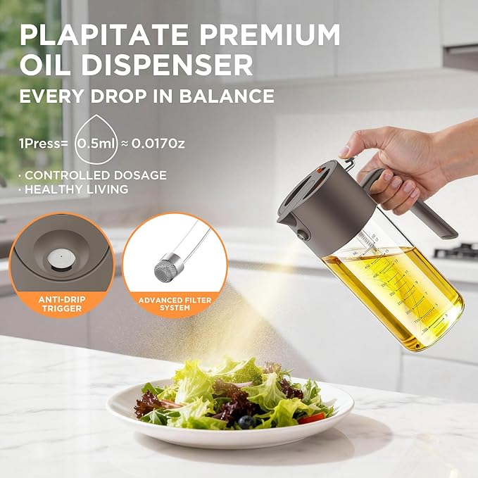 PLAPITATE 2Pcs 17oz Premium Olive Oil Sprayer for Cooking, 2 in 1 Glass Olive Oil Dispenser Bottle for Kitchen Gadgets, Spray Bottle with Portion Control for Salad, Frying, BBQ (Black & Gray)