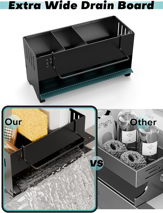 Kitchen Sink Caddy Organizer, Sponge Holder for Kitchen Sink with Upgraded Extra-Wide Drain Board, Efficient Drainage, Stainless Steel with Rust-Resistant Coating