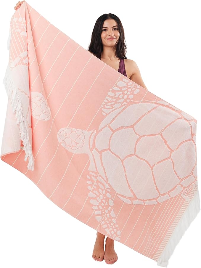 SOFE H&L | LINVIA Foutah Quick Dry Beach Towel Pack of 1 (35” x 70”) CARETTA - Coral | Lightweight, Premium, Fade Resistant, Durable | Travel Towel, Turkish Beach Towel with Shoulder Strap