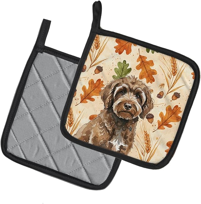 Caroline's Treasures Brown Portuguese Water Dog Heirloom Fall Pair of Pot Holders Pair 7.5x7.5 Quilted Insulated Hot Pads Decorative Kitchen Gift Made in USA