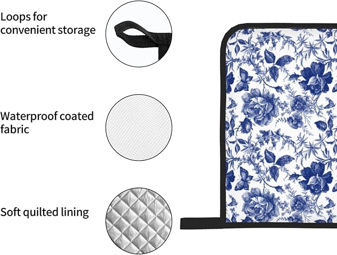 Blue and White Porcelain Floral Butterfly Oven Mitts and Pot Holders Set of 4,Vintage Chinoiserie Heat Resistant Non-Slip Potholders Oven Gloves and Pad for Kitchen Cooking Baking Grilling BBQ