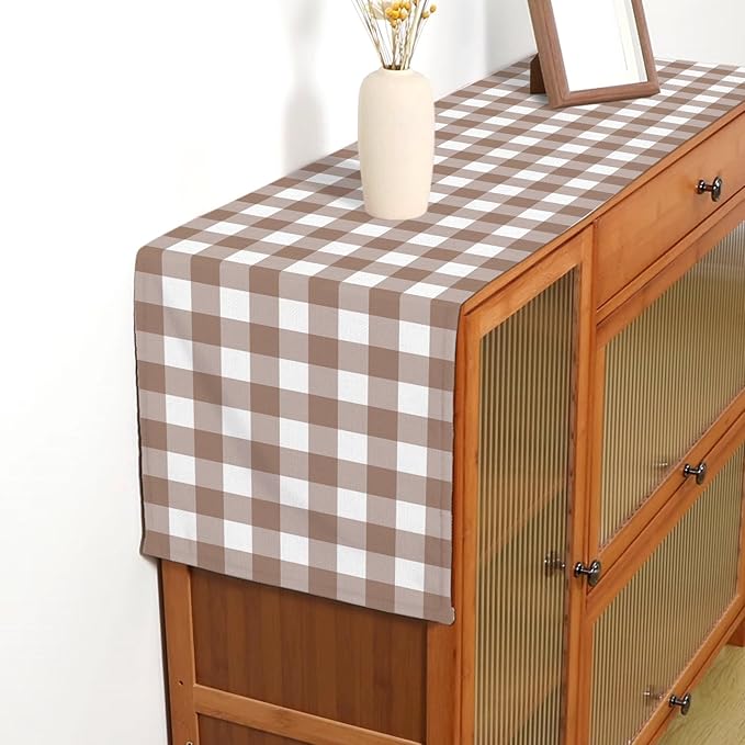 Khaki Gingham Table Runner Light Brown Khaki and White Checkered Birthday Wedding Baby Shower Party Decoration BBQ Picnic Home Kitchen Table Decor (13" x 72")