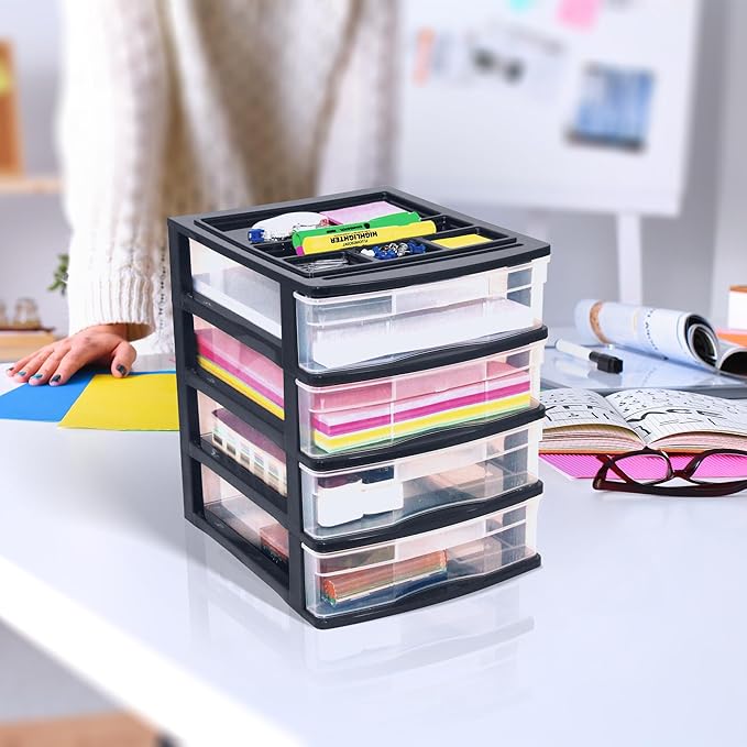 Gracious Living 4 Drawer Desktop & Countertop Organizer w/Organization Lid for Craft Storage, Office Supplies & School Supplies, Black/Clear (2 Pack)