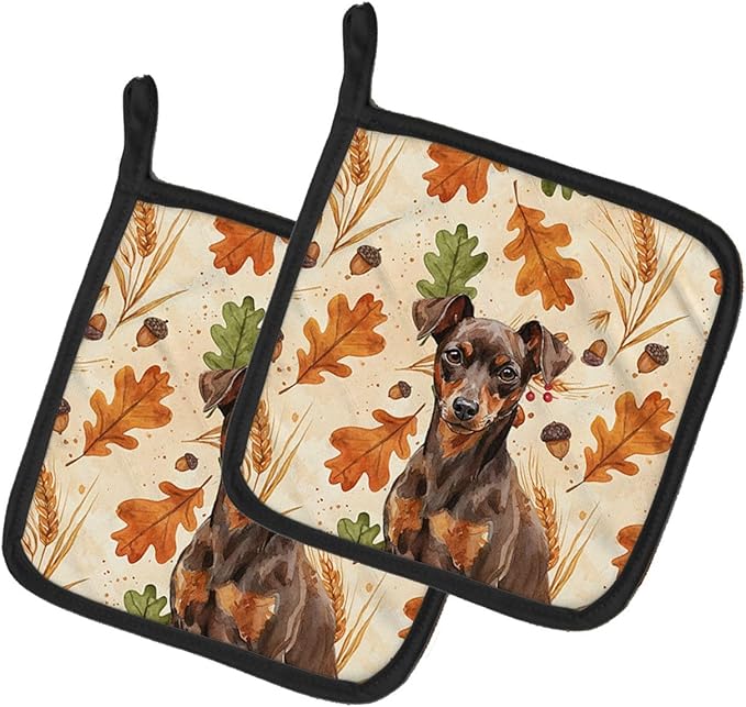 Caroline's Treasures Chocolate and Rust Miniature Pinscher Min Pin Heirloom Fall Pair of Pot Holders Pair 7.5x7.5 Quilted Insulated Hot Pads Decorative Kitchen Gift Made in USA