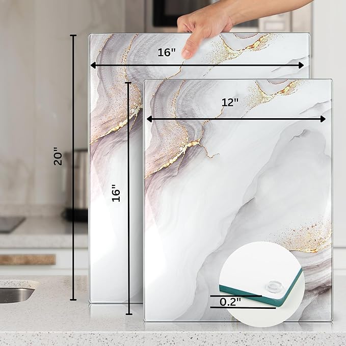 Kitchenville Glass Cutting Board 16"x12": Tempered Glass Kitchen Counter Protector - Durable- Scratch-Resistant, Heat-Proof - Design 7 - White & Gold