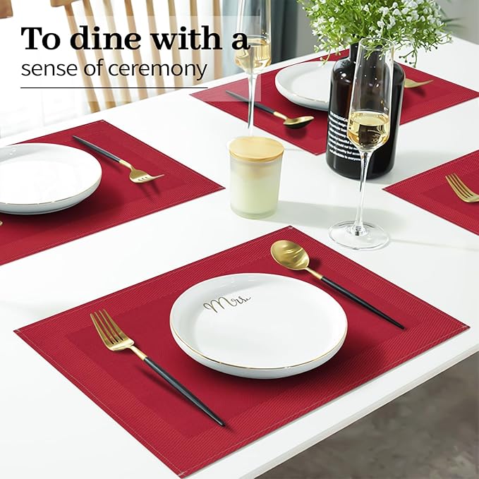 Red Placemats Set of 4, 12x18 Inch Heat-Resistant Washable Easy to Clean Place Mats, Faux Linen Cloth Table Mats Suitable for Indoor/Outdoor Parties & Kitchen Decor (Red)