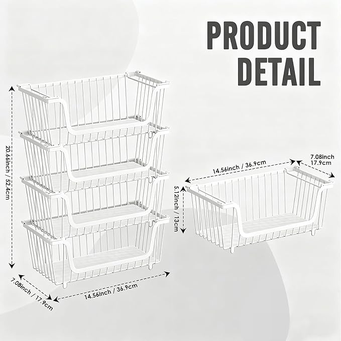 GAOKASE 4 Pcs Stackable Wire Baskets for Pantry Organizers and Storage,Vegetable Fruit Basket for Countertop,Kitchen Storage Metal Baskets,Produce Potato Onion Storage Bin,White