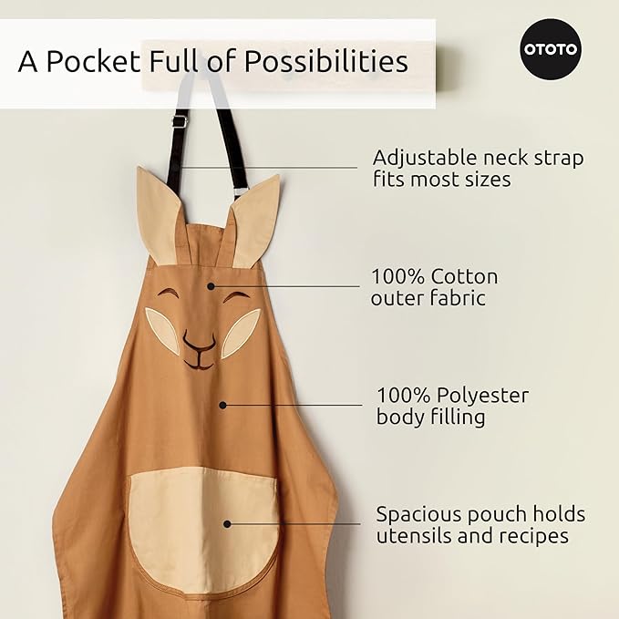 OTOTO Aproo Kitchen Set – Oven Mitts and Chef Apron with Pockets, Cute Cooking Accessories, Funny Kitchen Gift, Kangaroo (Brown Aproo Set)