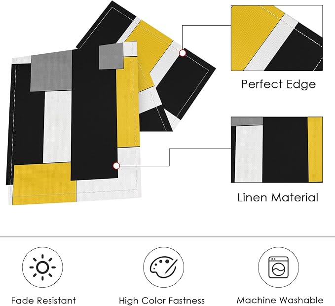 ArtSocket Geometric Table Runner and Placemats Set of 6, Yellow Black Grey Abstract Painting Art Dining Decor for Daily Use(1 Table Runner 72 inches Long and 6 Placemats)