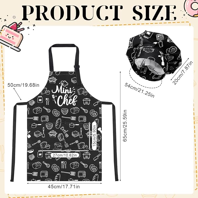 Kids Apron and Chef Hat Set, Funny Apron with 2 Pockets, Adjustable Kids Aprons for Cooking for Boys and Girls