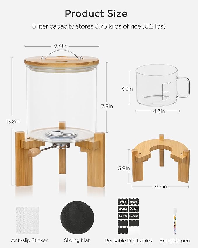 8-10 lbs Glass Rice Dispenser with Wooden Stand Flour and Cereal Container with Glass Measuring Cup & Labels & Slider mat Pantry Food Organization Storage Bin with Airtight Bamboo Lid, 5L
