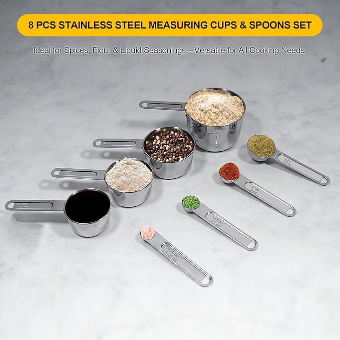 Stainless Steel Measuring Cups and Spoons Set, 8 PCS Long Handle Measure Cups and Spoons Premium Stackable Measuring Cups for Kitchen Cooking & Baking, Dry & Liquid Dishwasher Safe