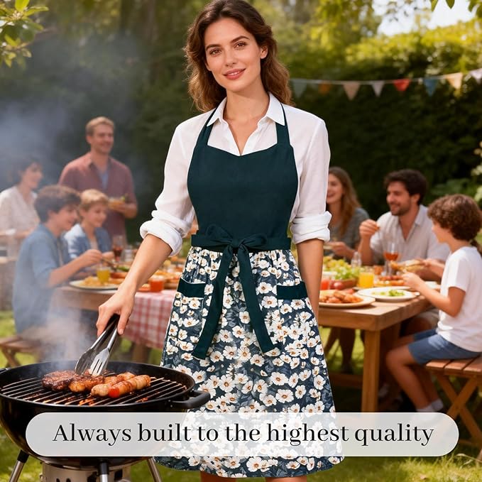 Cute Floral Aprons for Women with Pockets,Cotton Adjustable Neck Strap Apron for Kitchen Cooking Baking Gardening