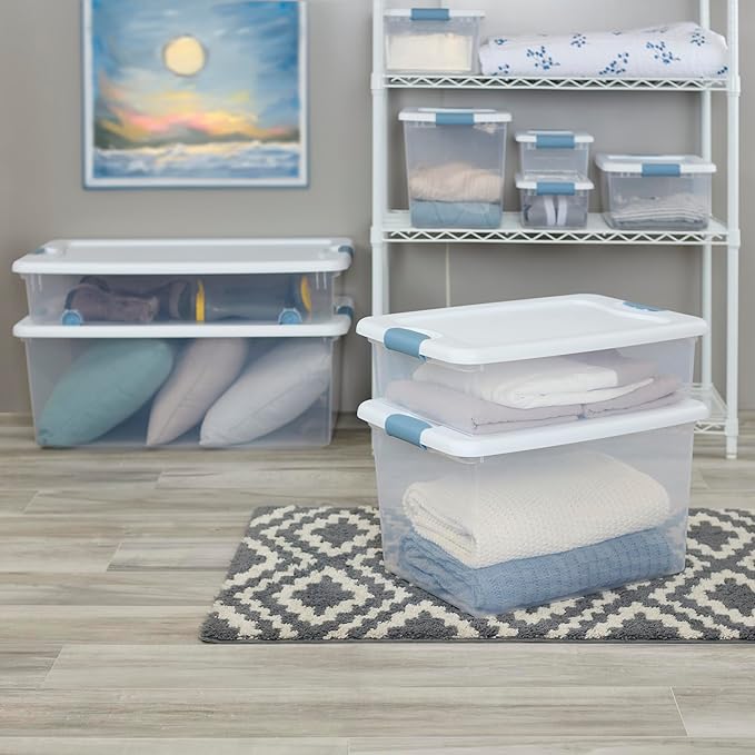Sterilite 18-Pack Latching Box, Under Bed Storage Bins with Lids, Clear Plastic, 64 Quart - Heavy-Duty Organizing Containers for Closet, Bathroom, and Office