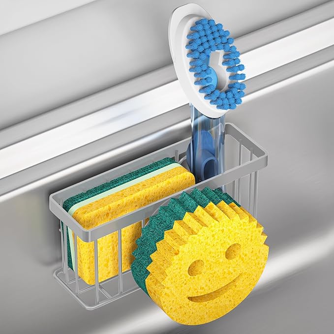 MURLONG Sponge Holder Smiley Face,Sink Caddy,Kitchen Organizer with 2 Suction Cups/1 Adhesive Strips,Designed for Sponge,Soap,Dish Brush,Scrubber - Gray