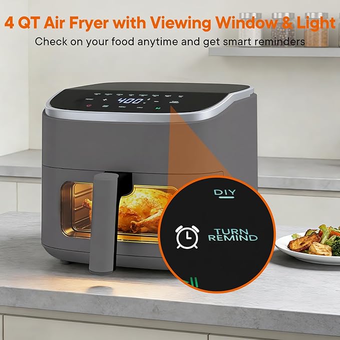 OLIXIS 4QT Air Fryer with Visible Window, 1500W Digital Touchscreen Air Fryer with 8 Presets, Auto Shut Off & Nonstick Dishwasher Safe Basket, 60-Min Timer, Max 400°F, Grey