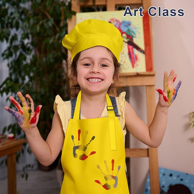 Kids Apron and Chef Hat Set, 16 Pieces Boys Girls Kids Apron with 2 Pockets Adjustable for Cooking Classroom Baking Painting, 6-13 Years, Bright Color