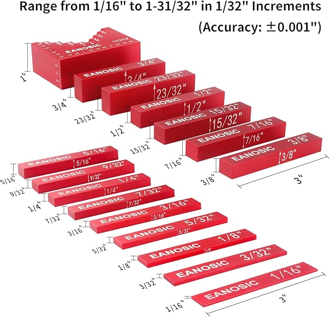 EANOSIC Setup Blocks Woodworking Tools - 16 PCS Height Gauge Block Set with Easy Block, Precision Ruler-Marked Bars - Solid Aluminum Alloy Setup Barsn Saw Gauges for Router and Table Saw Set Up