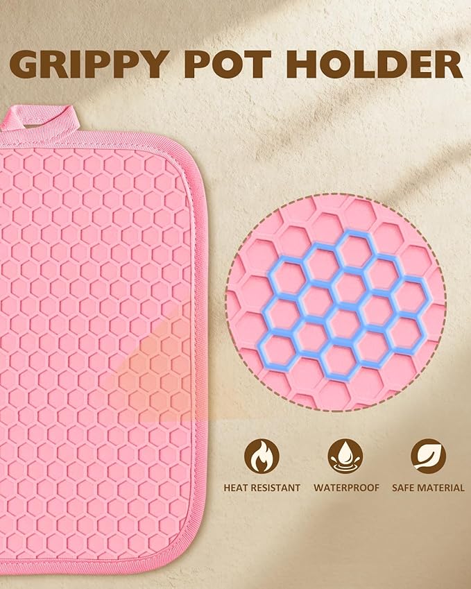 Slohif Silcone Bow Pot Holders for Kitchen - 100% Cotton Pink Cute Oven Potholders with Pockets, Heat Resistant Square Thick Hot Pads, House New Home Baking Baker Gifts,2pack
