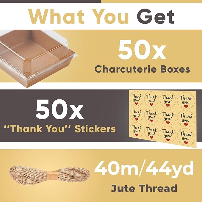 Leafiew 50 Pack Small Charcuterie Boxes with Clear Lids - To Go Paper Mini Charcuterie Box, Disposable Food Containers, 5Inch Dessert Boxes - Sandwich, Cookie, Sushi, Cake Slice, Strawberries (Brown)