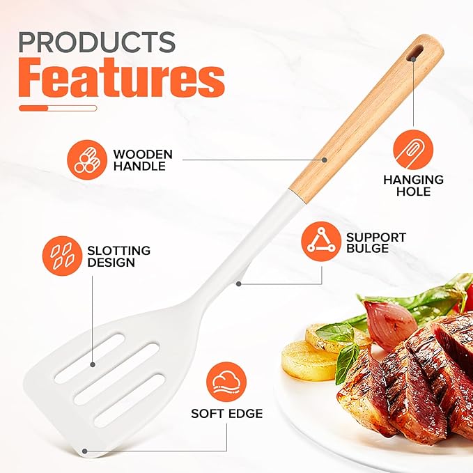 Silicone Cooking Spatula, Heat Resistant Solid Turner, Slotted Spatulas with Wooden Handle,Ideal Wood Kitchen Utensils Set for Frying, Baking, Flipping, Turning,Pack of 2 (White)