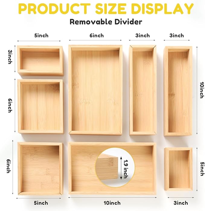 lilLittle Bamboo Drawer Organizer, 8 Pcs Kitchen Drawer Organizer Set, Multi Purpose Utensil Drawer Organizer, Silverware Organizer for Kitchen, Bathroom, Office, Junk Drawers