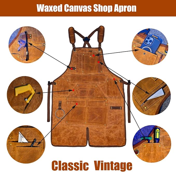 20-Pocket Heavy-Duty Waxed Canvas Work Apron – Fully Adjustable, Vintage Style Tool Organizer