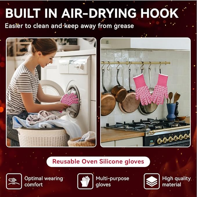 HandLove Aramid Heat Resistant BBQ Gloves – Grilling & Oven Gloves with Fingers, Silicone Grip & Long Cuffs for Cooking, Baking, and Outdoor Barbecue – Pink, Small
