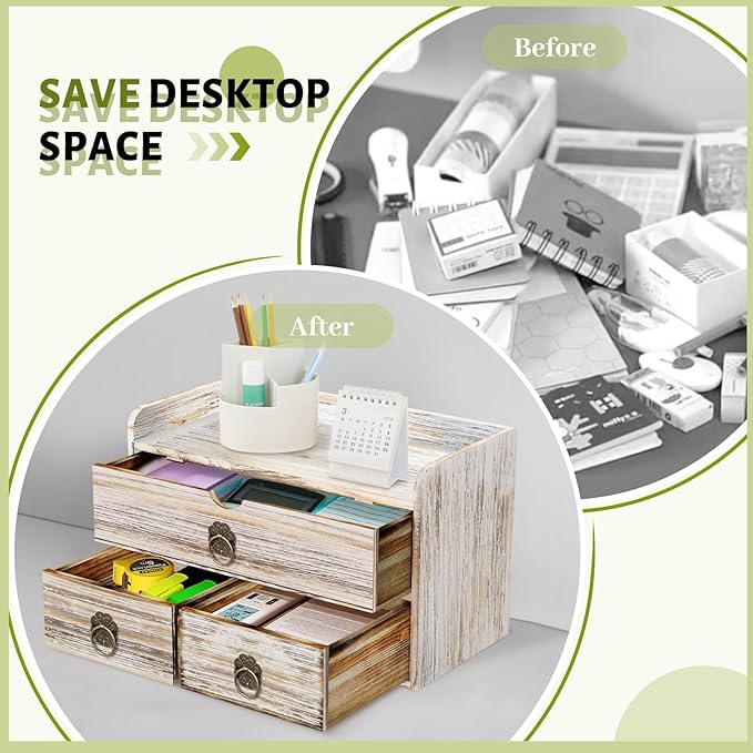 Wood Desk Organizer with Drawer, Vintage Brown Wooden Desktop Organizer, Tabletop Storage Organization Box for Countertop, Home Office Supplies, 13.5x6.6x8.2 Inch(3 Drawer and Shelf)