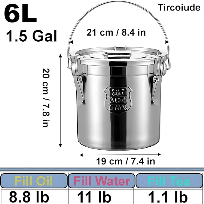 304 Stainless Steel Airtight Canister with lids, Rice Cereal Grain Canisters Container, 6L / 1.5 Gallon Airtight Food Storage Containers containe, Flour Oil Sugar Milk Storager Bucket