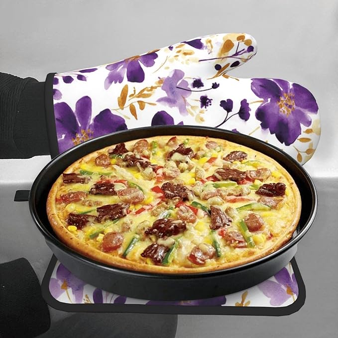 Spring Purple and Gold Floral Oven Mitts and Pot Holders Sets of 3, Non-Slip Heat Resistant Watercolor Flower Design Kitchen Gloves, Gifts for Women Cooking, Elegant Kitchen Decor for Baking Cooking