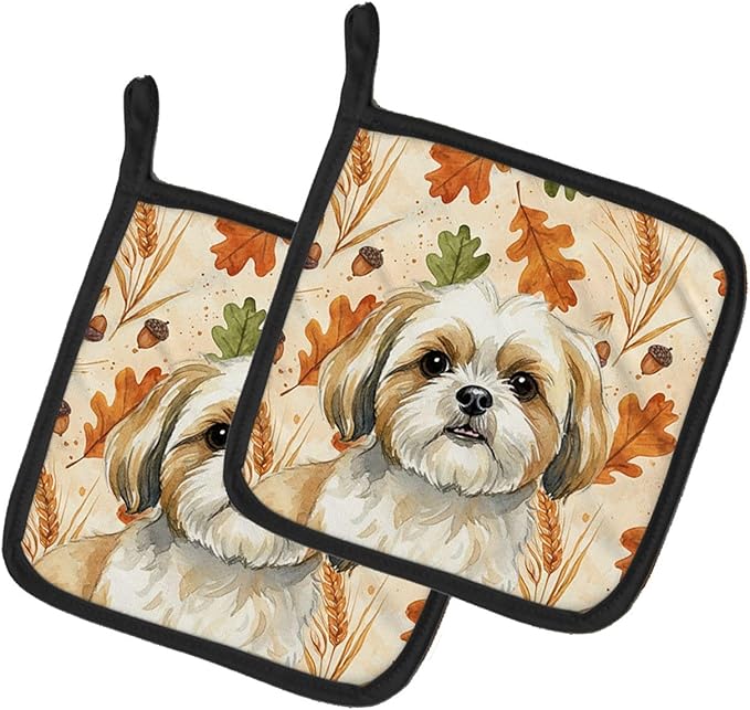 Caroline's Treasures Gold and White Shih Tzu Heirloom Fall Pair of Pot Holders Pair 7.5x7.5 Quilted Insulated Hot Pads Decorative Kitchen Gift Made in USA