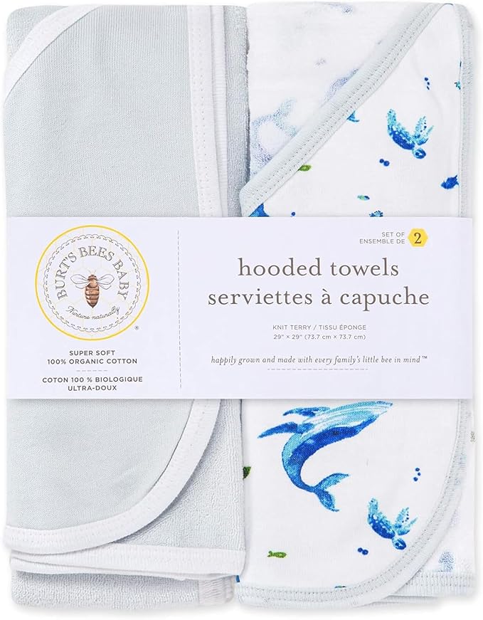 Burts Bees Baby Infant Hooded Towels Whale of a Tale Organic Cotton, Unisex Bath Essentials and Newborn Necessities, Soft Nursery Towel with Hood Set, 2-Pack Size 29 x 29 Inch