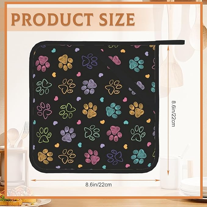 Doodle Paw Print Pot Holder Set of 2,Kitchen Heat Resistant Potholder for Women Men BBQ Cooking Baking