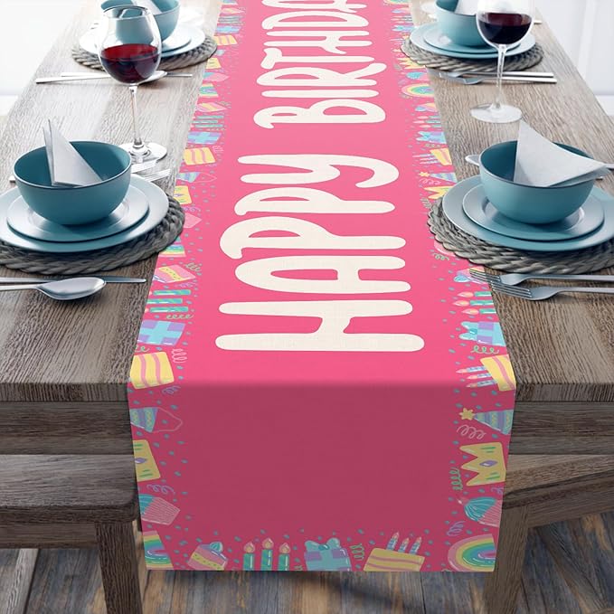 Happy Birthday Table Runner 13x72 Inch Pink Birthday Cake Box Candle Rainbow Farmhouse Polyester Linen Table Decoration for Kitchen Dinning, Indoor Outdoor Home Dinner Party (Red)