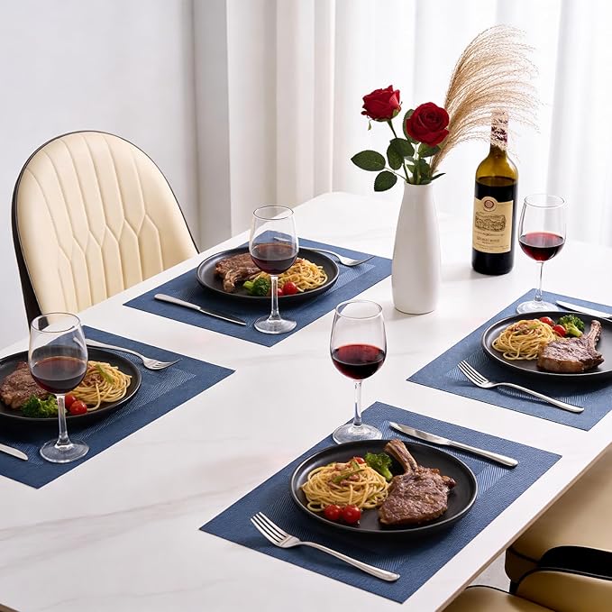 Timeet Blue Placemats Set of 6, Heat Resistant Non-Slip Place Mats, Durable Washable PVC Vinyl Woven Table Mats, Wipeable Placemats for Dining Table Easy to Clean