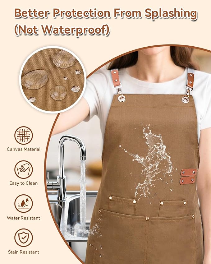 Teskyer Kitchen Cooking Apron with Pockets, Water Oil Resistant, Canvas Cross Back Aprons for Men Women Chef Server