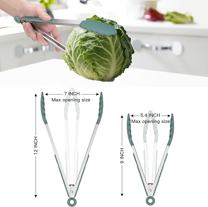 HOTEC Premium Stainless Steel Locking Kitchen Tongs with Silicon Tips, Set of 2-9" and 12",Sage Green