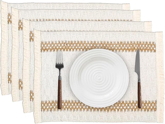 Niviy Boho Placemats Set of 4, 12x18 Inch Natural Cotton Burlap and Kitchen Woven Thanksgiving Placemats with Tassels for Dining Table Centerpiece Home Decorations