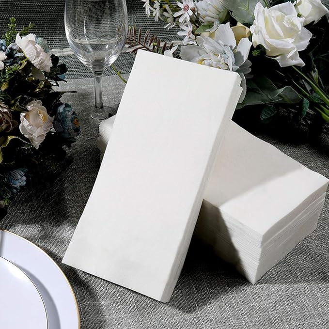 FOCUSLINE 100 Disposable Bathroom Napkins, Linen-Feel Paper Guest Towels, Soft and Absorbent Paper Hand Towels Party Napkins for Bathroom, Kitchen, Dinner, or Event, White, 12" x 17"