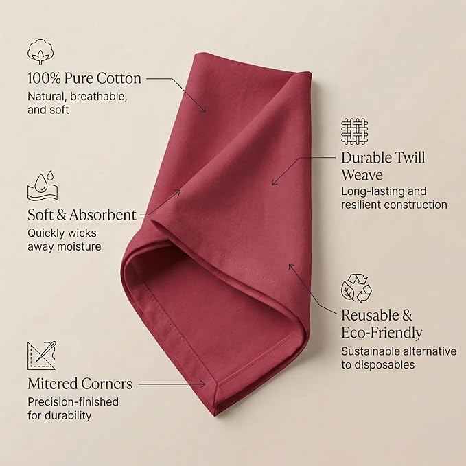 Accent Home 100% Cotton Napkins, Delicate Cloth Napkins for Dinners, Parties and Weddings，18 x 18 Inch Set of 6 - Red