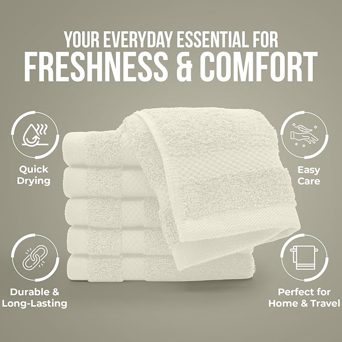 DAN RIVER 12-Pack Premium 100% Cotton Ivory Face Towels for Bathroom - Reusable Face Wash Cloths for Showering 12x12 Inches - 550 GSM Super Soft & Absorbent Luxury WashCloths for Body, Spa & Gym
