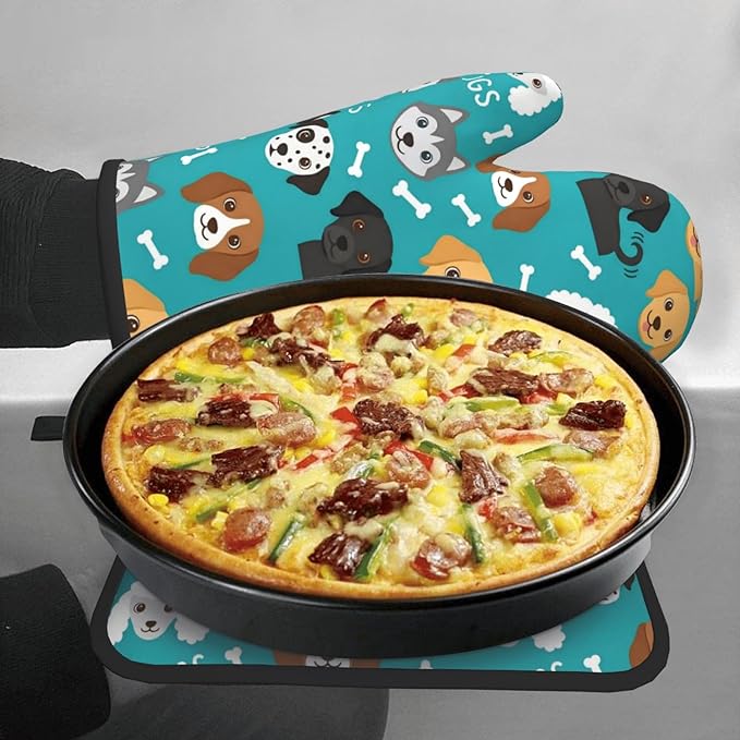 Dogs and Bone Oven Mitts and Pot Holders Green Background Heat Resistant Oven Mitts Safe for Baking Cooking BBQ
