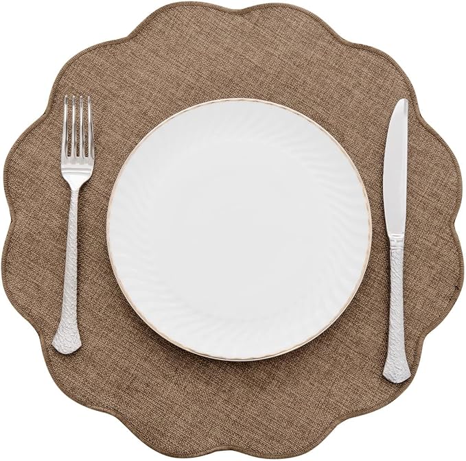 SHACOS Scalloped Round Placemats Set of 6 Polyester Linen Blend 15 inch Washable Non Slip Place Mats Easy Clean Heat Resistant Table Mats for Kitchen Dining Table Decor, Brown