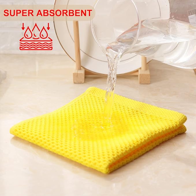 Kitinjoy 100% Cotton Kitchen Dish Cloths (12 X 12 Inches, Yellow), 6 Pack Waffle Weave Ultra Soft Absorbent Dish Towels for Drying Dishes Quick Drying Kitchen Towels Dish Rags