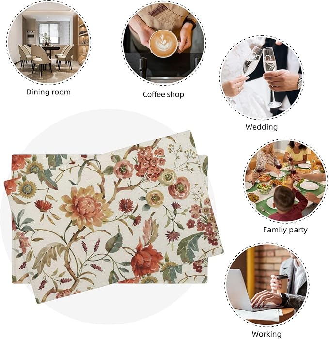 Boho Floral Placemats Set of 4 Vintage Watercolor Flower Decor Place Mats 12x18 Inch Retro Rustic Spring Seasonal Decorative Linen Table Mats for Home Kitchen Dining Party Table Decoration